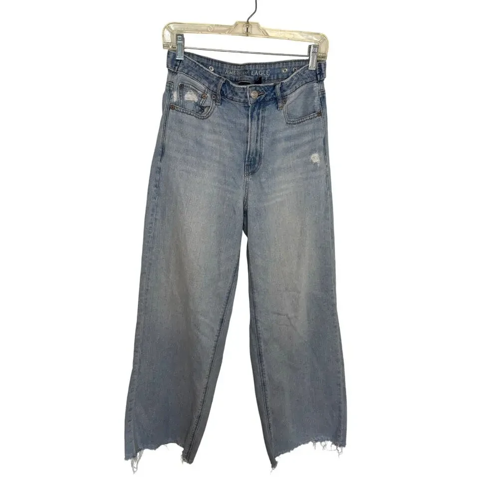 American Eagle Super High Rise Baggy Wide Leg Distressed Denim Jeans Sz 4